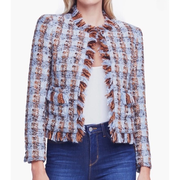 NEW L'Agence Angelina Tweed Blazer Blue/Orange Multi 0 - Picture 5 of 15